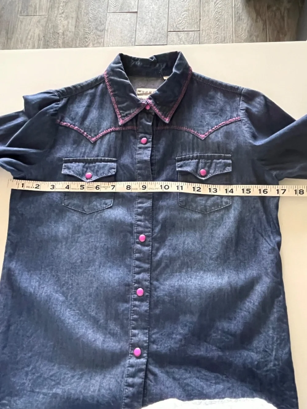 Roper Girls Dark Denim Pearl Snap Western Shirt Pink Stitching Size L 10-12 EPOC